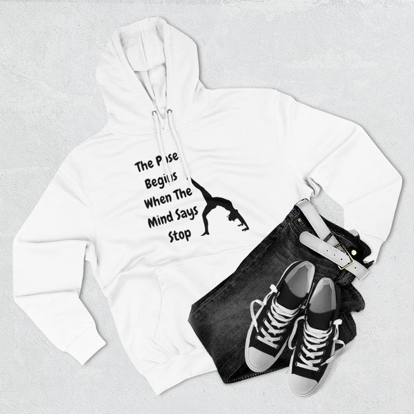 The Pose Begins - Black on White Hoodie for SUP Paddleboard Standup Yoga Devotees