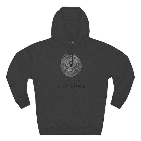 An SUP - Paddleboard - Standup Yoga 'Devotee' Hoodie with Mandala and 'Salute The Sun' print.