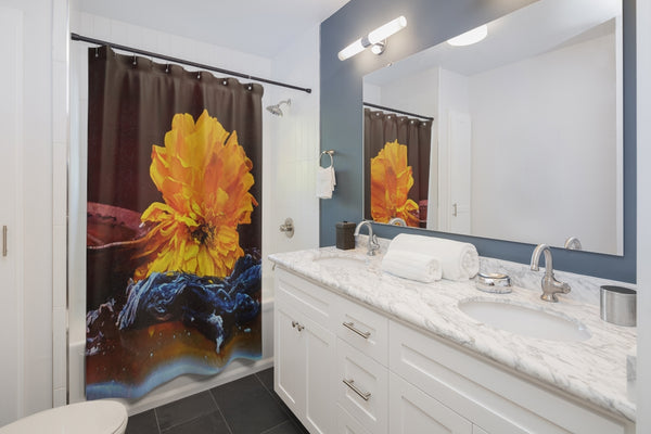 Nepalese Flower Offering Shower Curtain - a stunning photo by 'Strel' of a magnificent yellow flower offered up at the feet of the Buddha.