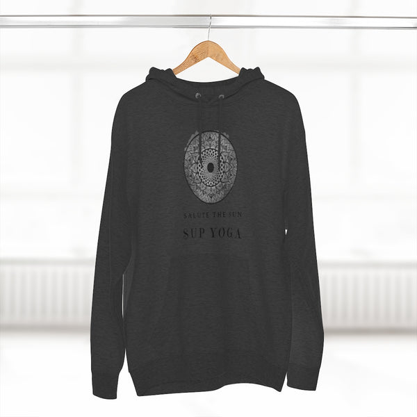 An SUP - Paddleboard - Standup Yoga 'Devotee' Hoodie with Mandala and 'Salute The Sun' print.