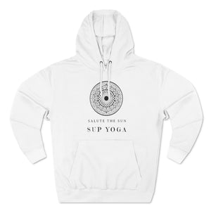 An SUP - Paddleboard - Standup Yoga 'Devotee' Hoodie with Mandala and 'Salute The Sun' print.