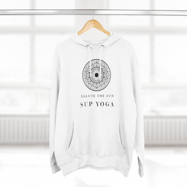 An SUP - Paddleboard - Standup Yoga 'Devotee' Hoodie with Mandala and 'Salute The Sun' print.