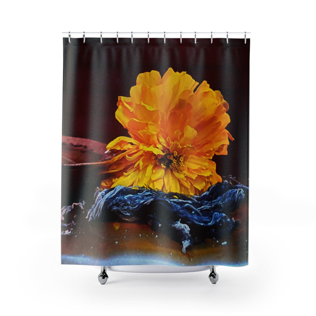 Nepalese Flower Offering Shower Curtain - a stunning photo by 'Strel' of a magnificent yellow flower offered up at the feet of the Buddha.