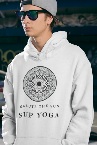 An SUP - Paddleboard - Standup Yoga 'Devotee' Hoodie with Mandala and 'Salute The Sun' print.