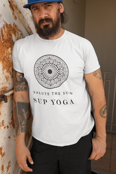 A 'Salute The Sun' Mandala Tee for SUP - Paddleboard - Standup Yoga Lovers of Nature and  Vibrant Personal Health