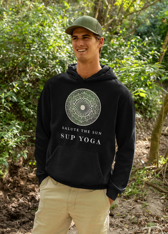 Premium Unisex Hoodie - 'Salute The Sun' Mandala for the Committed Sun and Water Loving SUP - Standup - Paddleboard Yoga Devotee