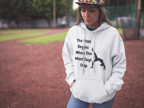 The Pose Begins - Black on White Hoodie for SUP Paddleboard Standup Yoga Devotees