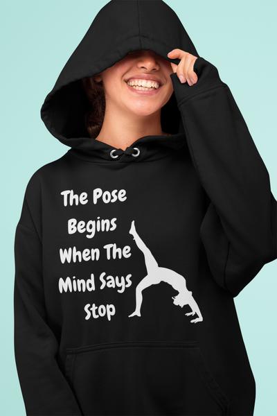 The Pose Begins - White on Black Hoodie for SUP Paddleboard Standup Yoga Devotees