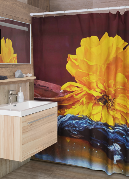 Nepalese Flower Offering Shower Curtain - a stunning photo by 'Strel' of a magnificent yellow flower offered up at the feet of the Buddha.