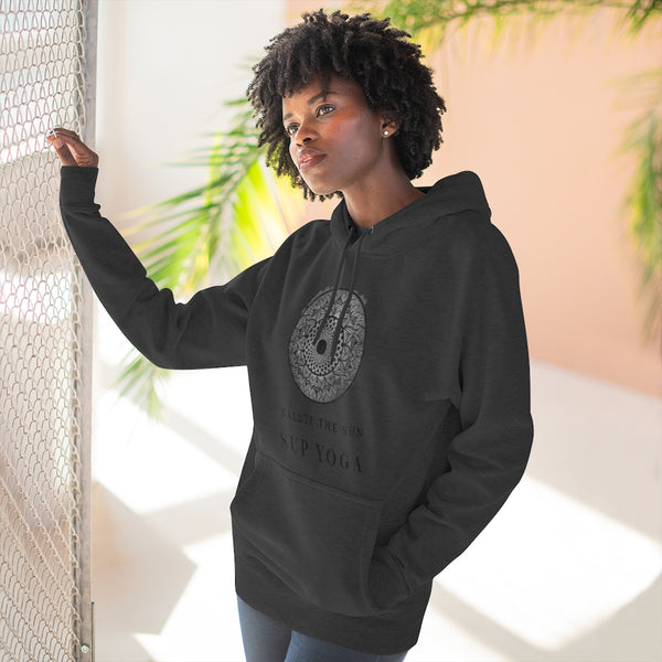 An SUP - Paddleboard - Standup Yoga 'Devotee' Hoodie with Mandala and 'Salute The Sun' print.