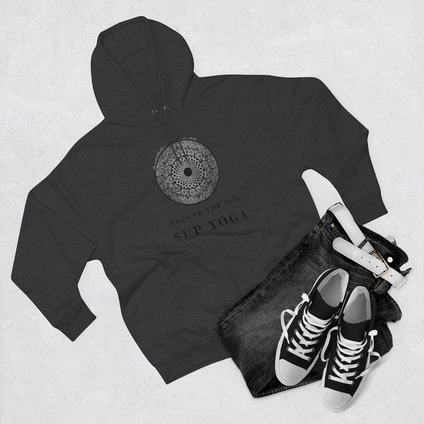 An SUP - Paddleboard - Standup Yoga 'Devotee' Hoodie with Mandala and 'Salute The Sun' print.