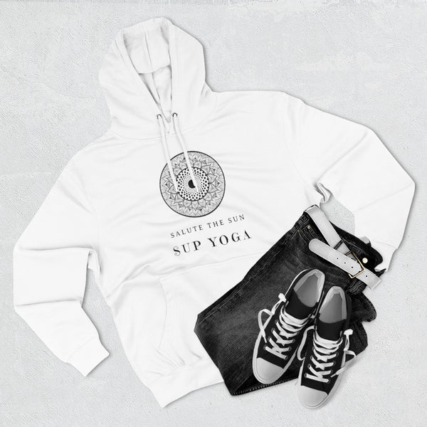 An SUP - Paddleboard - Standup Yoga 'Devotee' Hoodie with Mandala and 'Salute The Sun' print.