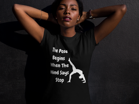 The Pose Begins White on Black Tee-shirt for SUP Paddleboard Standup Yoga